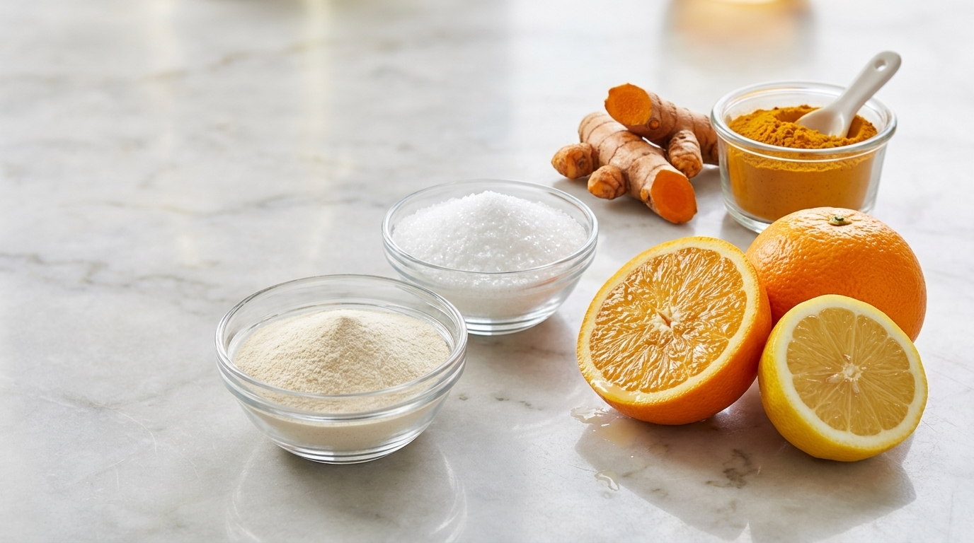 Ingredientes de Reulex: colágeno hidrolizado, MSM, vitamina C y cúrcuma para el bienestar de las articulaciones